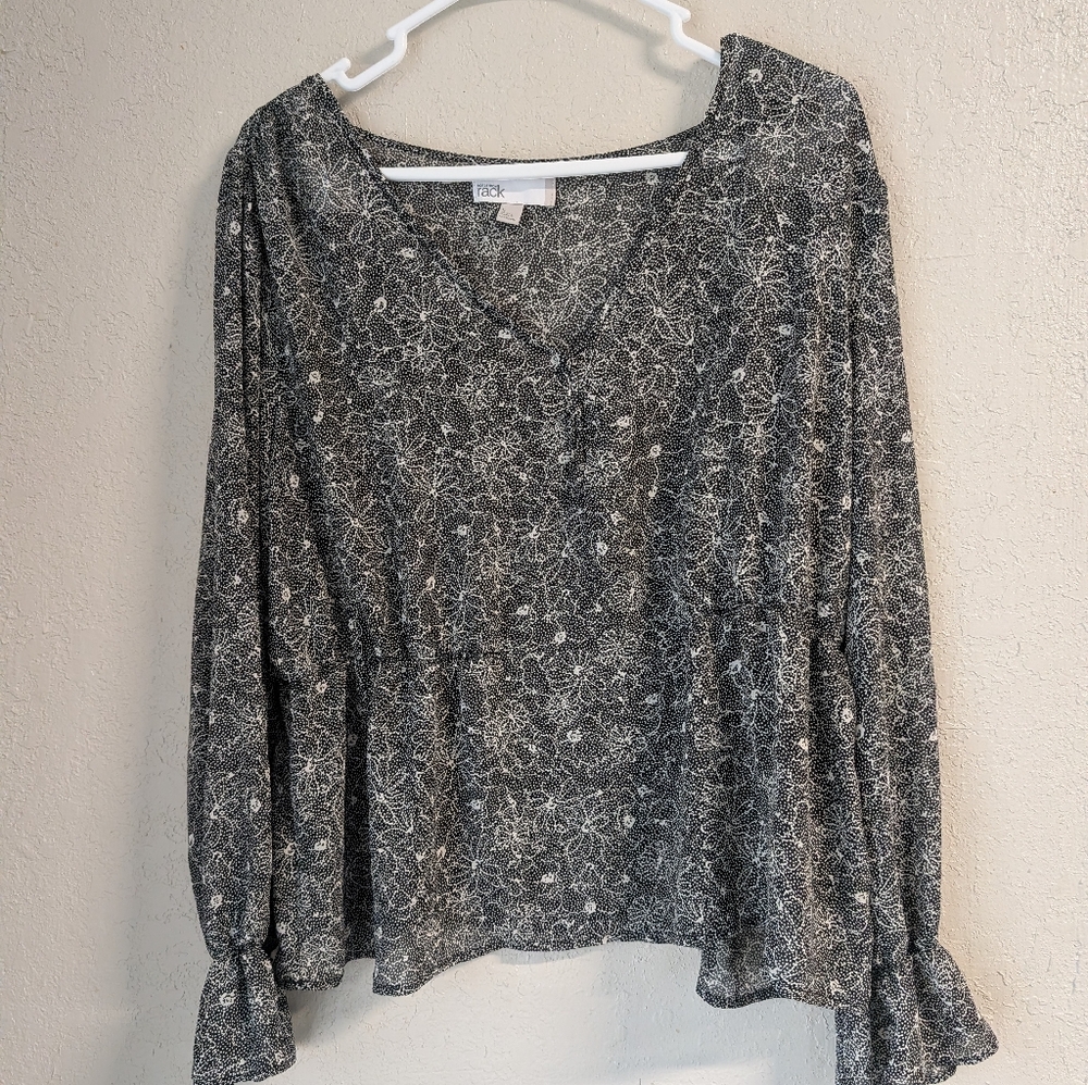 Nordstrom Rack Black Floral Blouse L Pirate Ruffle Sheer Layer Whimsigoth Fairy